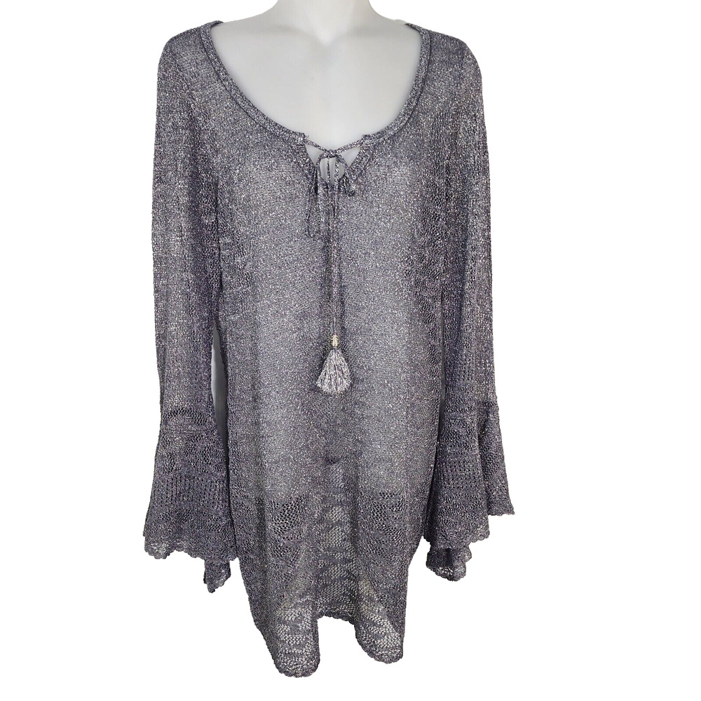 White House Black Market Womens Sweater Small Gray Silver V Neck Tunic Bell Slv